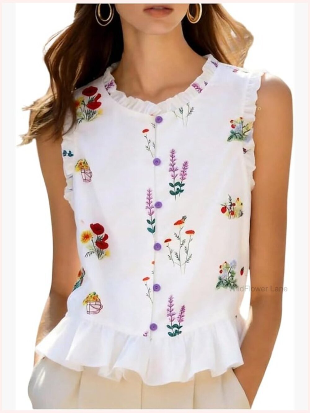 Sleeveless Floral Ruffle Button Down Blouse - Boho Summer Top
